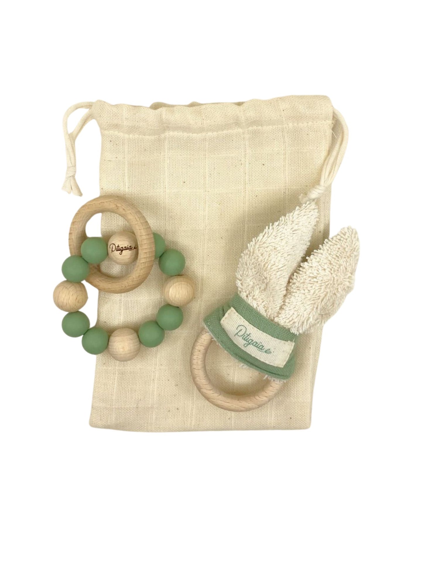 Pochon duo d’éveil : Hochet de Dentition & Hochet Lapin