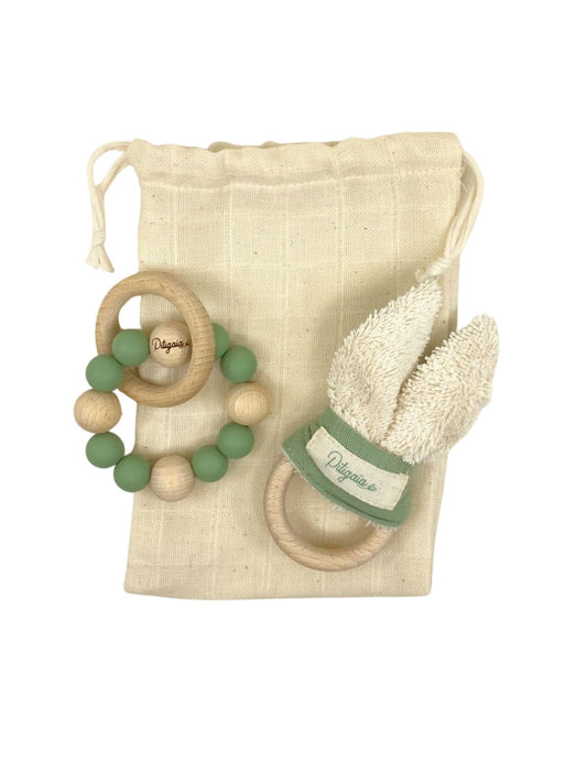 Pochon duo d’éveil : Hochet de Dentition & Hochet Lapin