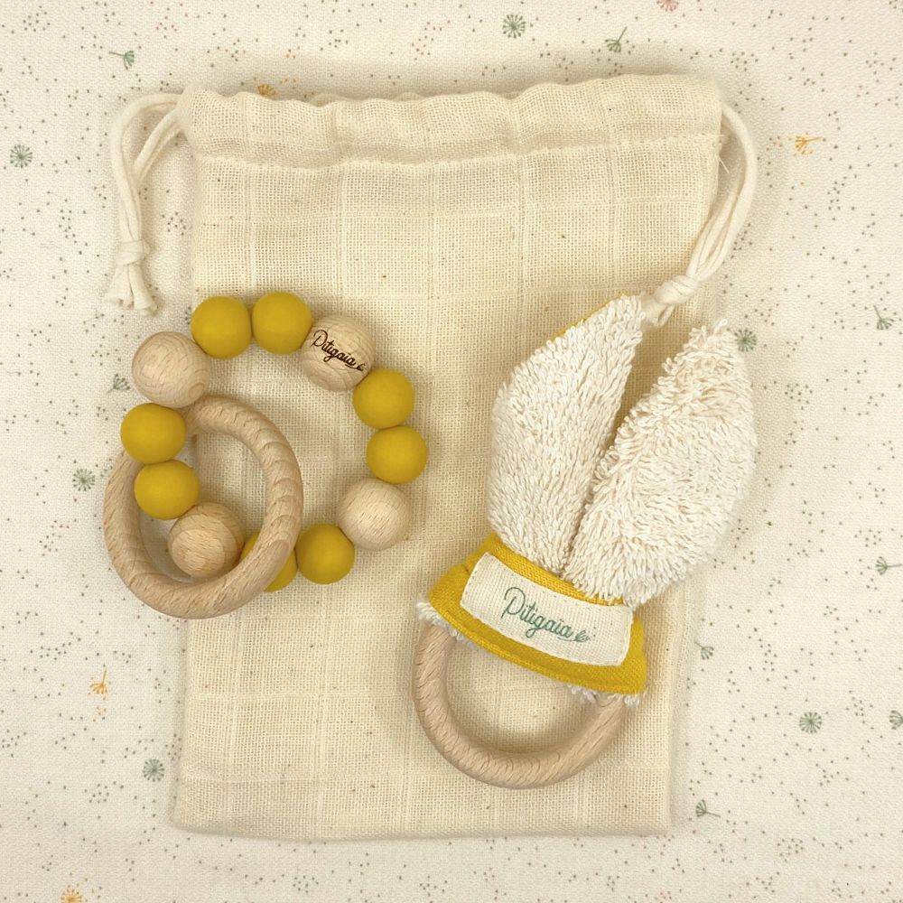 Pochon duo d’éveil : Hochet de Dentition & Hochet Lapin