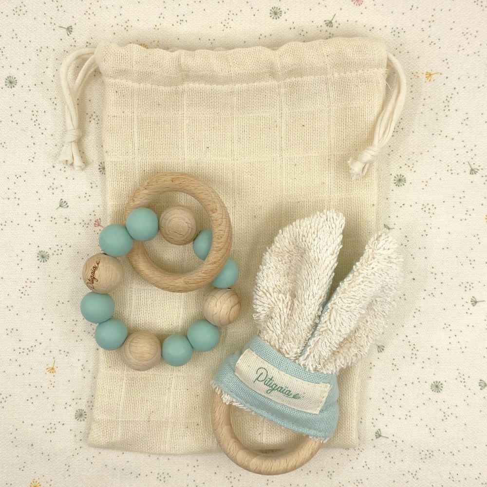 Pochon duo d’éveil : Hochet de Dentition & Hochet Lapin