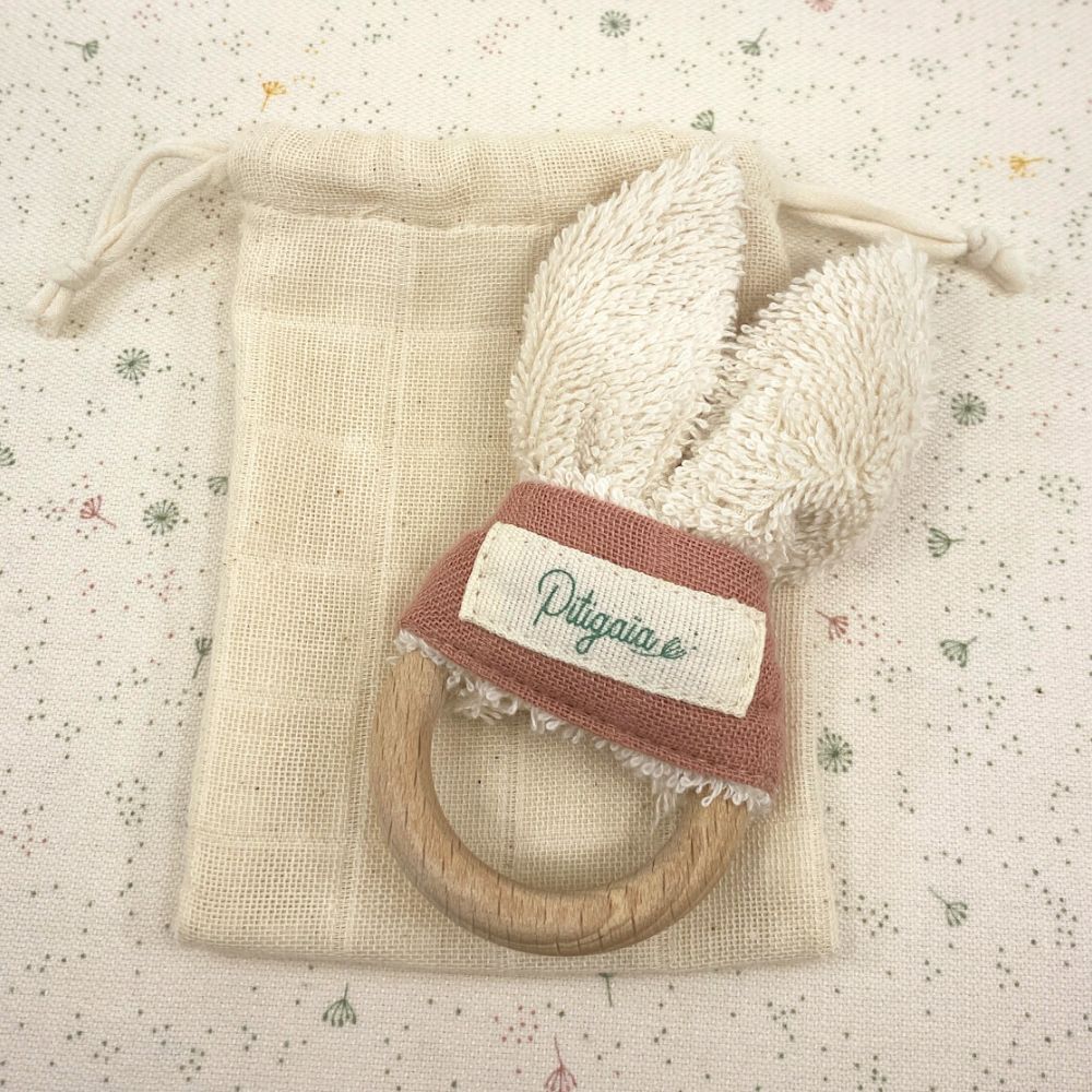 Hochet lapin en coton bio et bois